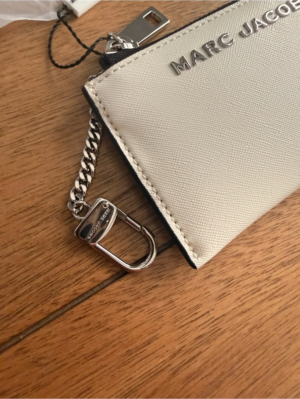 Marc Jacobs White Leather Zip Card Pouch with Silver Hardware